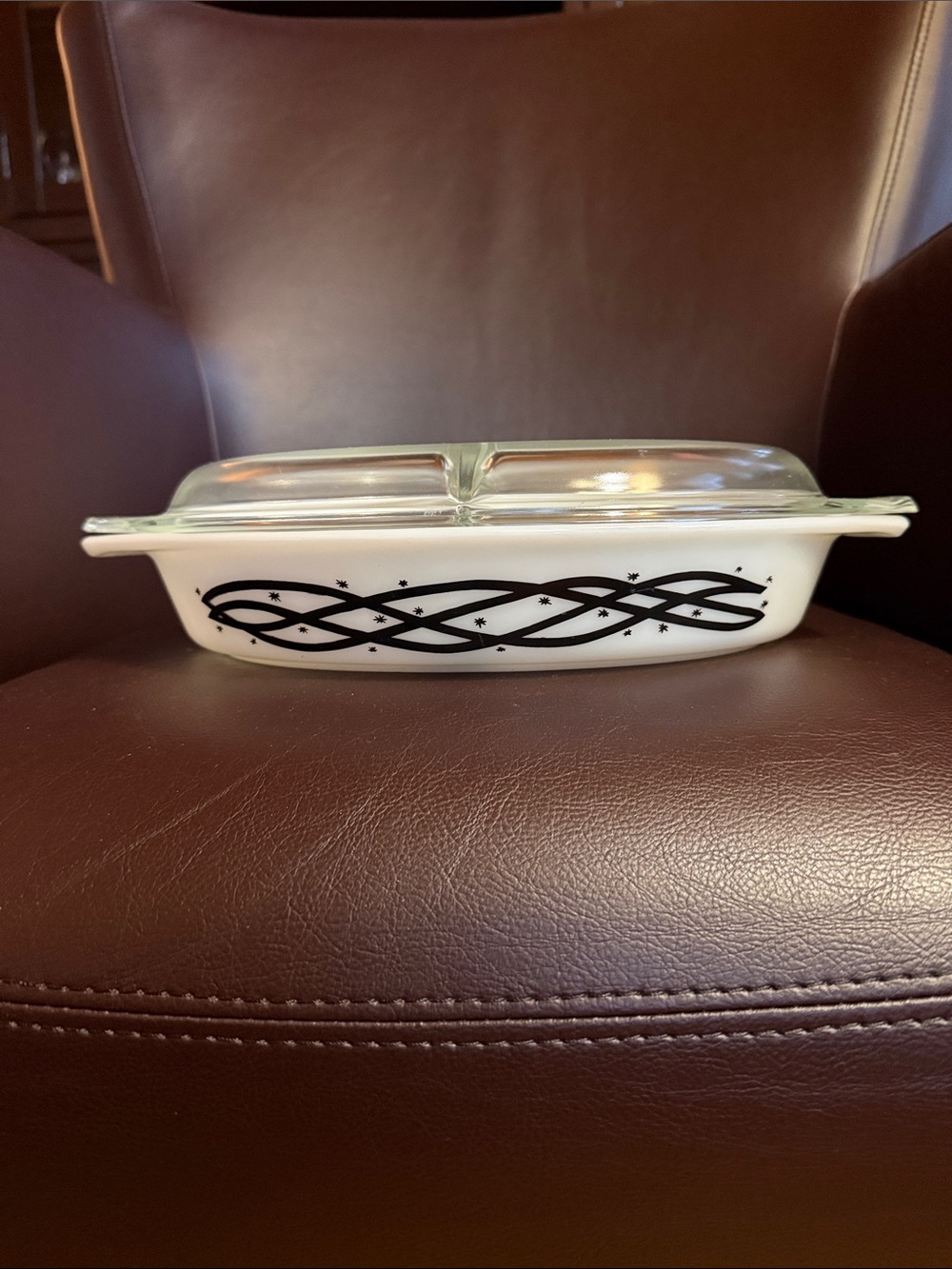 Pyrex White Milk Glass Divided Casserole with Black Barb Wire Design - Picture 2 of 10
